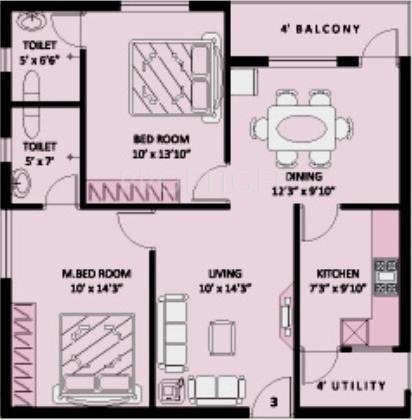  Greens (2BHK+2T (1,075 sq ft) 1075 sq ft)