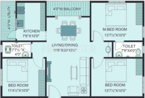  Woods (3BHK+2T (1,200 sq ft) 1200 sq ft)