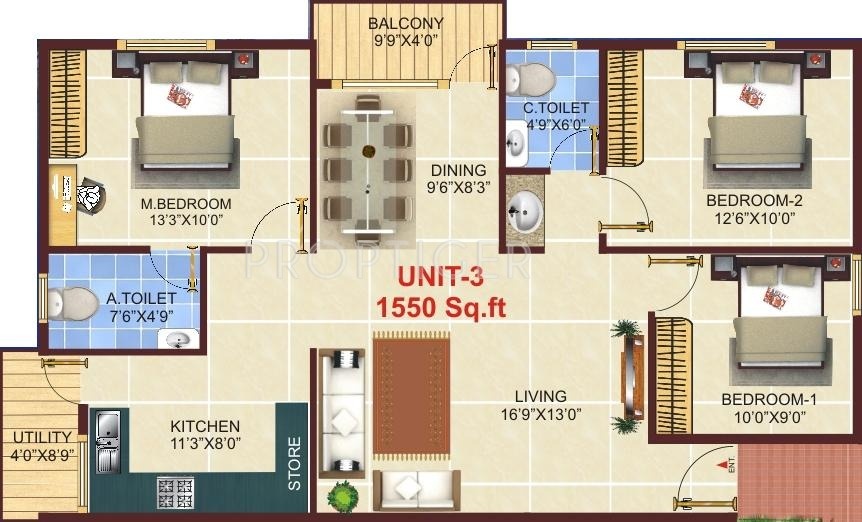 SV Marvel (3BHK+2T (1,550 sq ft) 1550 sq ft)