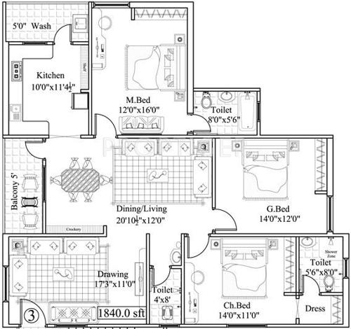 Royal Sparkling Heavens (3BHK+3T (1,840 sq ft) 1840 sq ft)