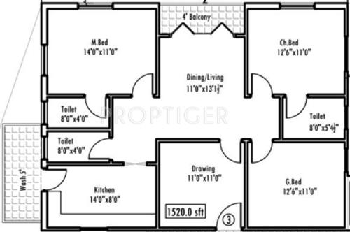Royal Currently (3BHK+3T (1,520 sq ft) 1520 sq ft)