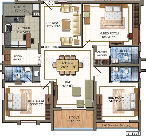 Sri Anisha Pride (3BHK+3T (2,195 sq ft)   Pooja Room 2195 sq ft)