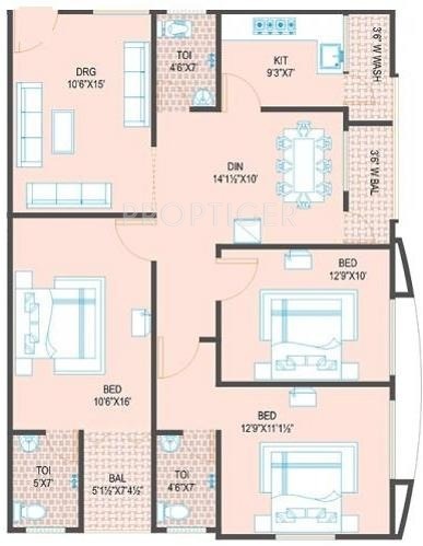 Maphar Constructions Hill Fort Floor Plan (3BHK+3T)