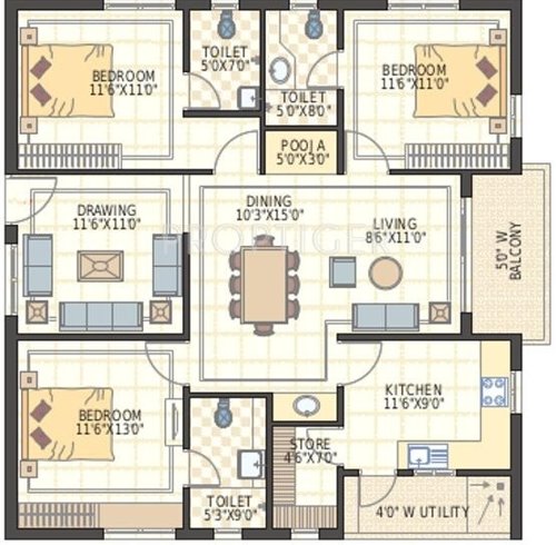 Sri Aditya Splendour (3BHK+3T (1,615 sq ft)   Pooja Room 1615 sq ft)