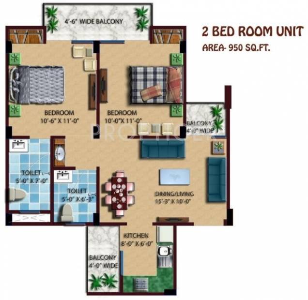 950 sq ft 2 BHK Floor Plan Image Proplarity Group