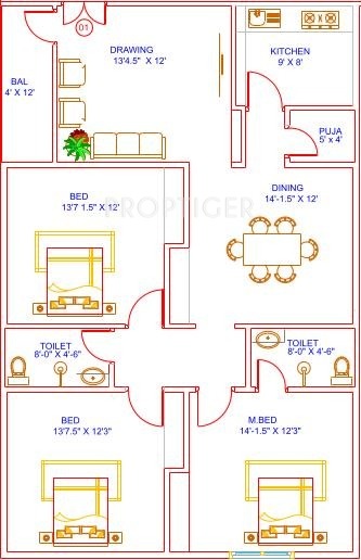Amulya Residential Apartment (3BHK+2T (1,455 sq ft) 1455 sq ft)