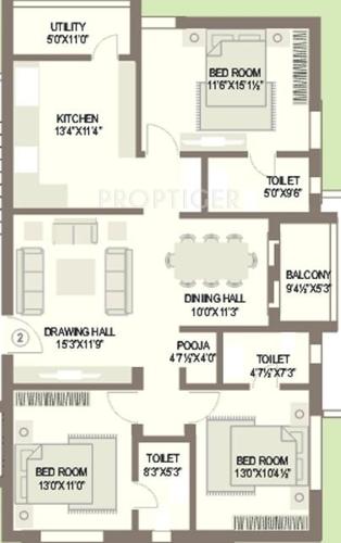 Alekhya Bird of Paradise (3BHK+3T (1,685 sq ft)   Pooja Room 1685 sq ft)