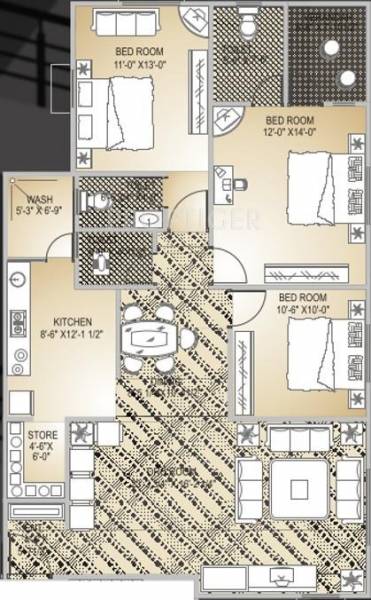 Sun Builders SUN DIVINE 2 Floor Plan (3BHK+3T)