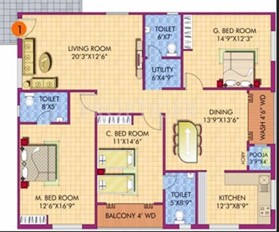 Udaya Emerald (3BHK+3T (1,560 sq ft)   Pooja Room 1560 sq ft)