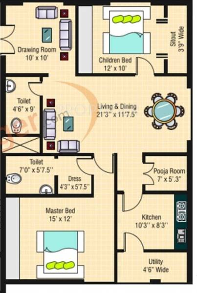 Abhinandana Pride (2BHK+2T (1,414 sq ft)   Pooja Room 1414 sq ft)