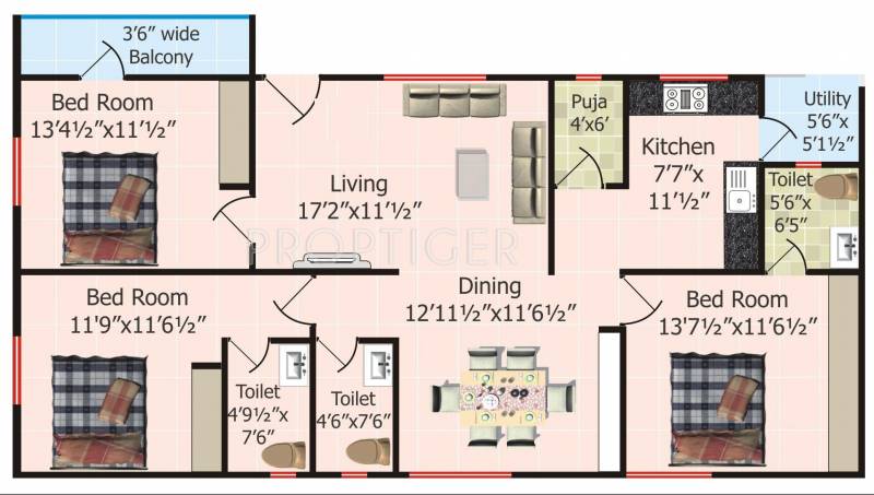 Shriya Serenity (3BHK+3T (1,605 sq ft)   Pooja Room 1605 sq ft)
