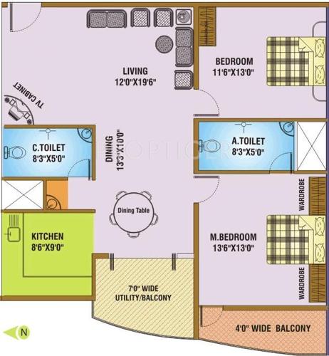 Mayflower Classic (2BHK+2T (1,408 sq ft) 1408 sq ft)