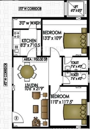 Infocity Spectra (2BHK+2T (950 sq ft) 950 sq ft)