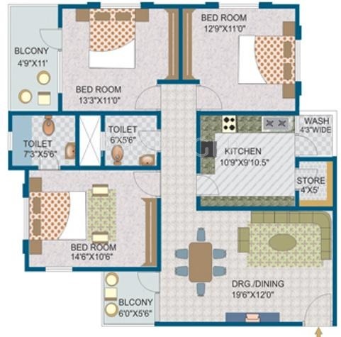 Bhawna Housing Estate Apartment Floor Plan (3BHK+3T)
