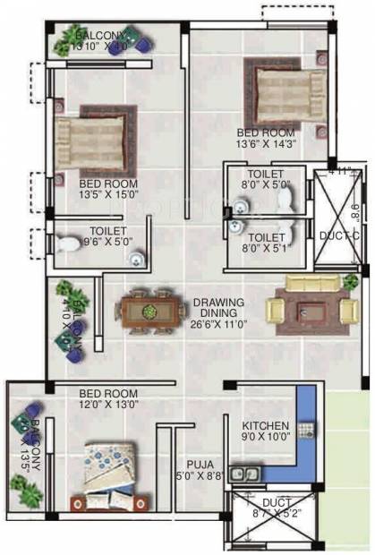 PDN Horizon Apartment (3BHK+3T (1,980 sq ft) + Pooja Room 1980 sq ft)