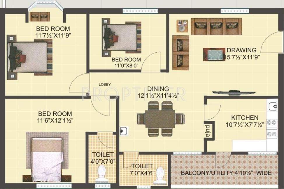 Saudhaa Lotus Residency (3BHK+2T (1,360 sq ft) 1360 sq ft)