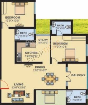Tejas Constructions Tejas Bloomingdale Floor Plan (2BHK+3T)