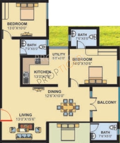 Tejas Constructions Tejas Bloomingdale Floor Plan (2BHK+3T)