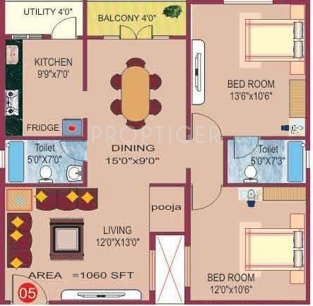 LVS Lavender (2BHK+2T (1,060 sq ft)   Pooja Room 1060 sq ft)