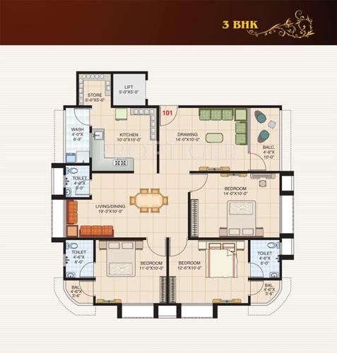 Floor Plan (3BHK+3T) Shivam Builders Pvt Ltd Rajvi Aurum Floor Plan (3BHK+3T)
