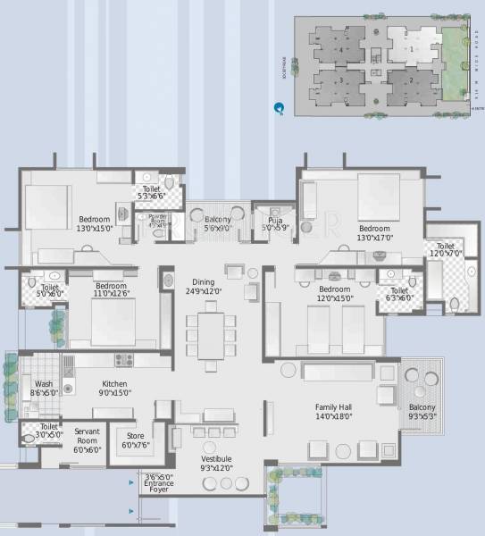 Venus Infrastructure Paramount Residency Floor Plan (4BHK+4T + Servant Room)