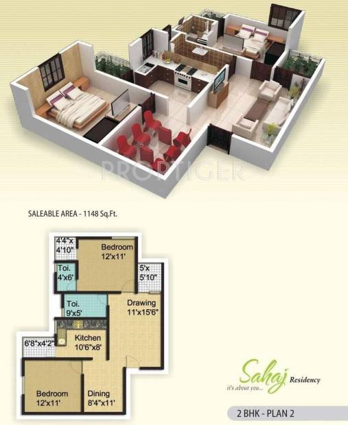 MGR Sahaj Residency (2BHK+2T (1,148 sq ft) 1148 sq ft)