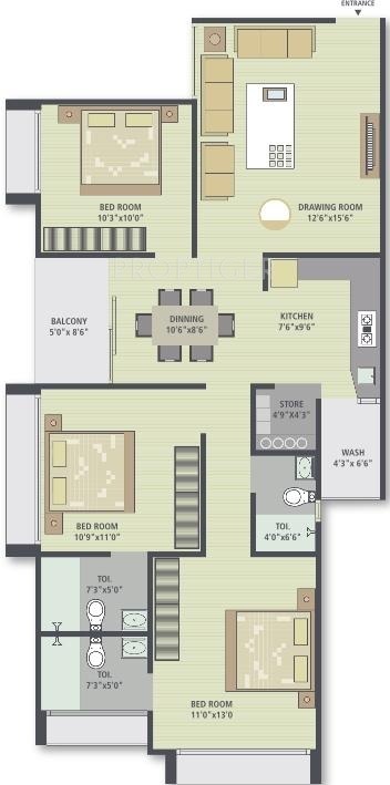 Floor Plan (3BHK+3T) Divyajivan Elegance Floor Plan (3BHK+3T)