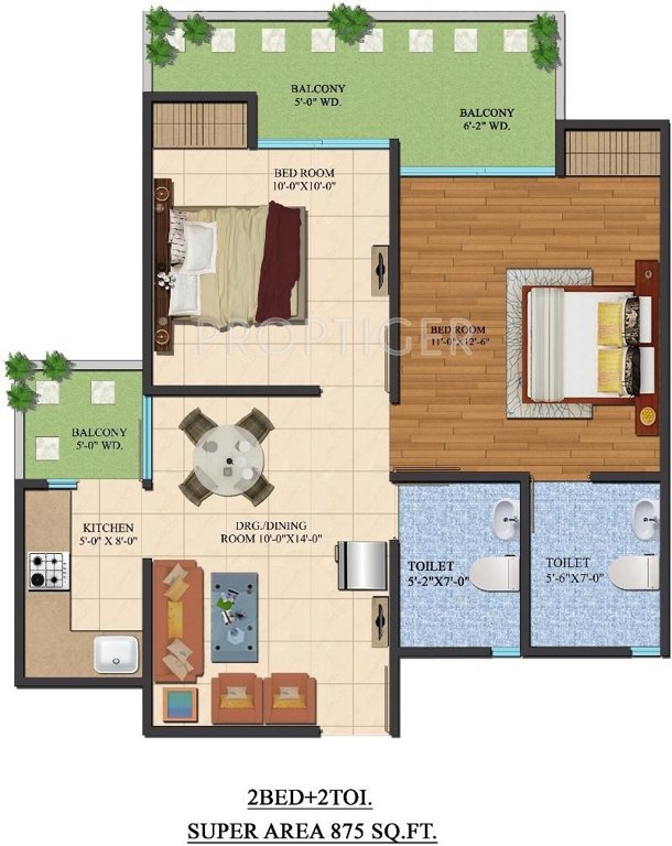 Ajnara Le Garden (2BHK+2T (875 sq ft) 875 sq ft)