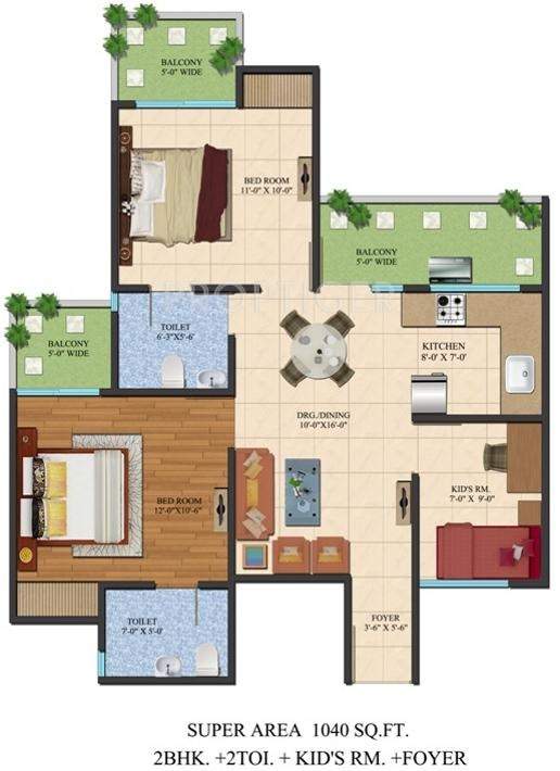 Ajnara Le Garden (2BHK+2T (1,040 sq ft) 1040 sq ft)