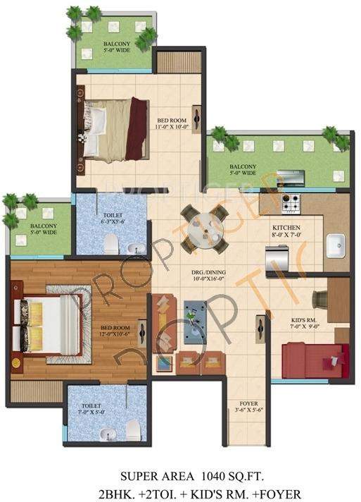 Ajnara Le Garden (2BHK+2T (1,040 sq ft) 1040 sq ft)