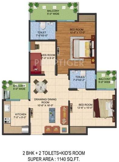 Ajnara Le Garden (2BHK+2T (1,140 sq ft) 1140 sq ft)