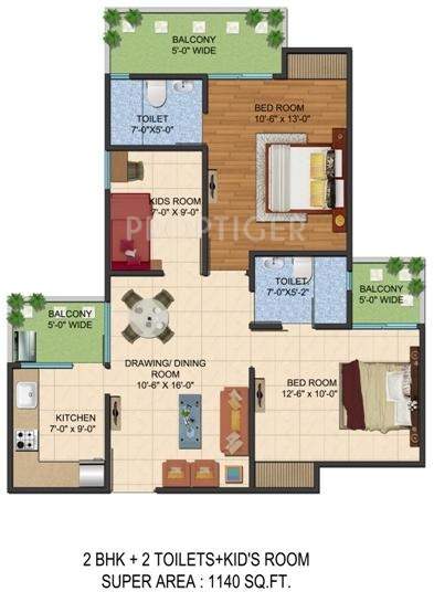 Ajnara Le Garden (2BHK+2T (1,140 sq ft) 1140 sq ft)