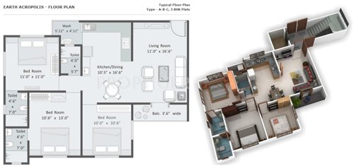 Earth Acropolis (3BHK+3T (1,370 sq ft) 1370 sq ft)