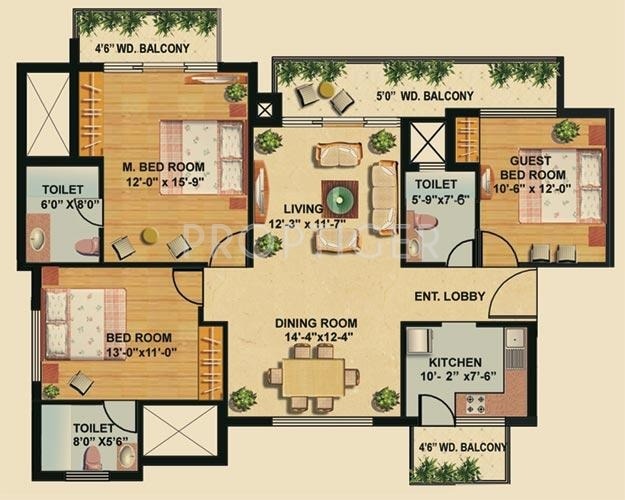 1800 sq ft 3 BHK Floor Plan Image Omaxe Royal Residency