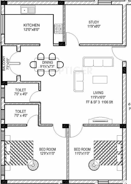 MM MM Apartments (2BHK+2T (1,050 sq ft) + Study Room 1050 sq ft)
