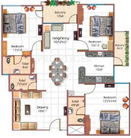 Aaradhya Bhoomika Constructions Signature Residency Floor Plan (3BHK+3T)