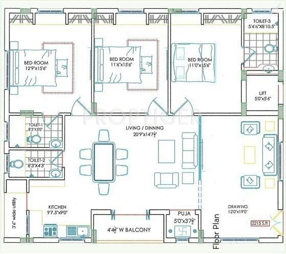 Lahari Homes (3BHK+3T (2,215 sq ft)   Pooja Room 2215 sq ft)