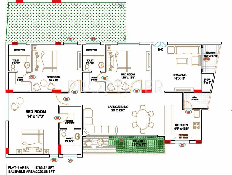 Fortune Skyline (3BHK+3T (2,229 sq ft)   Pooja Room 2229 sq ft)