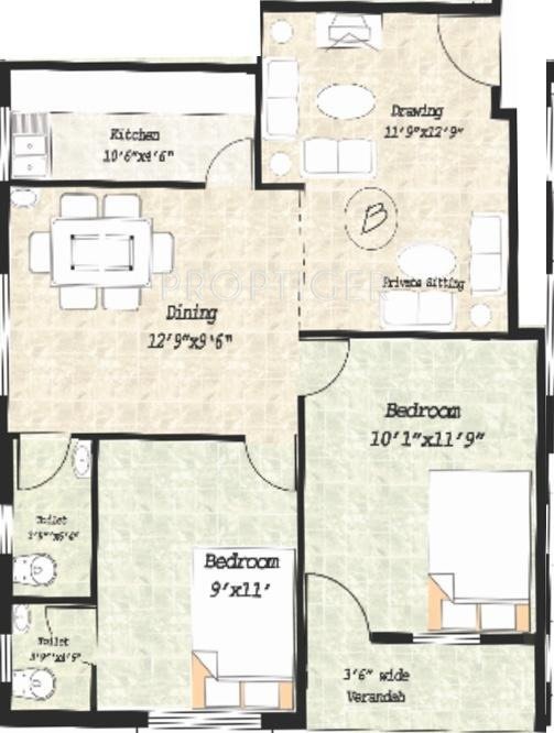 Sree Balaji Twin (2BHK+2T (950 sq ft) 950 sq ft)