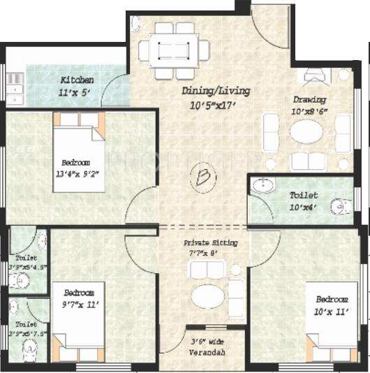 Sree Balaji Twin (3BHK+3T (1,270 sq ft) 1270 sq ft)