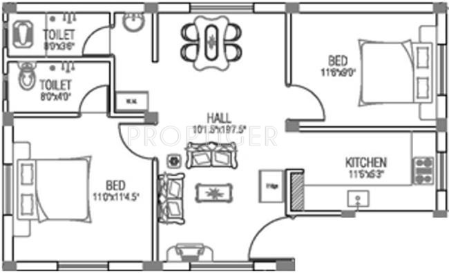 Sai Shrishti Homes Dwarakamaye Floor Plan (2BHK+2T)