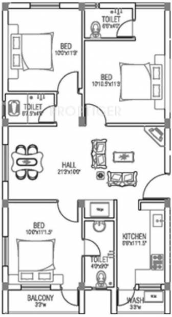 Sai Shrishti Homes Dwarakamaye Floor Plan (3BHK+3T)