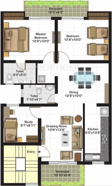 Ashiana Gulmohar Gardens Apartments (2BHK+2T (1,325 sq ft) + Study Room 1325 sq ft)