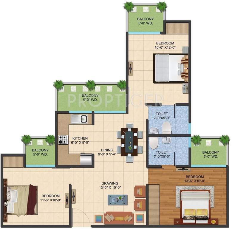 Ajnara LeGarden (3BHK+2T (1,195 sq ft) 1195 sq ft)