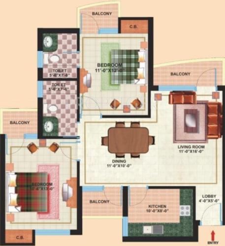 Jaipuria Sunrise Greens (2BHK+2T (1,268 sq ft) 1268 sq ft)