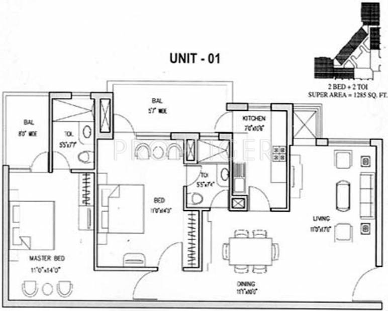 Aditya Gold Crest (2BHK+2T (1,285 sq ft) 1285 sq ft)