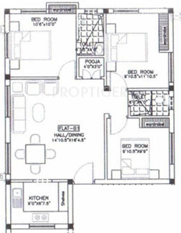 Floor Plan (3BHK+3T) Repute Homes Charaiveti Floor Plan (3BHK+3T)