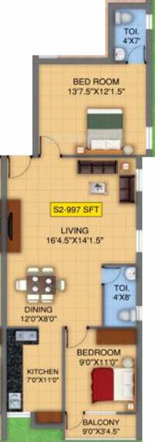 Repute Honest (2BHK+2T (997 sq ft) 997 sq ft)