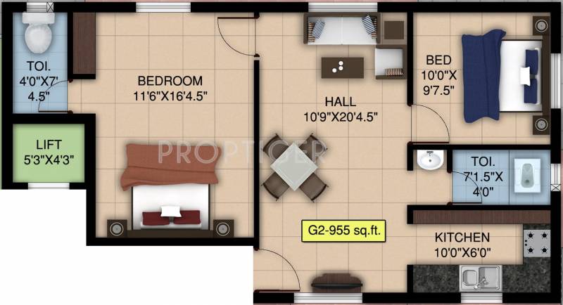 Repute Lovely (2BHK+2T (955 sq ft) 955 sq ft)