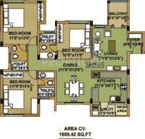 Adroit Aura One (3BHK+3T (1,559 sq ft) 1559 sq ft)